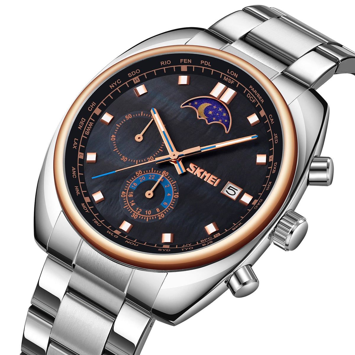 SKMEI 9325 Quartz Luxury Moon Phase Chrono Watch - RoseGold/Black