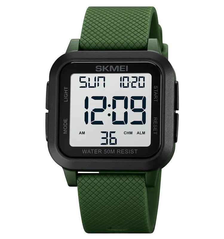 ساعة سكمي 1894 الرقمية الكلاسيكية المربعة - أخضر عسكري/أبيض