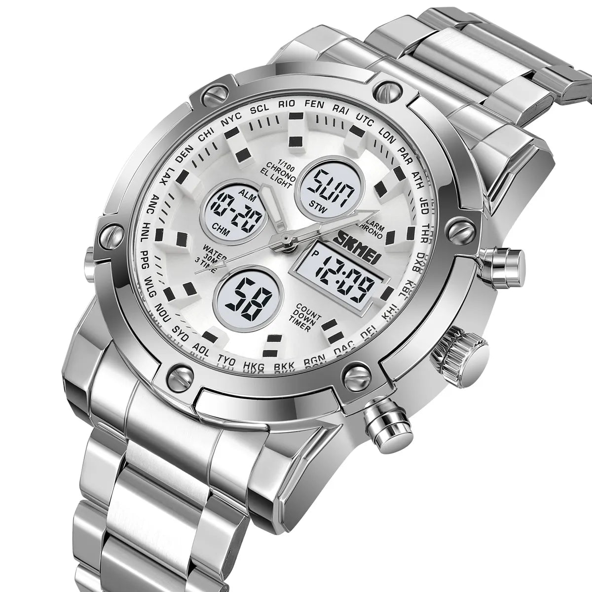 SKMEI 2556 Dual Time Analog Digital Stainless Steel Watch - Silver/white