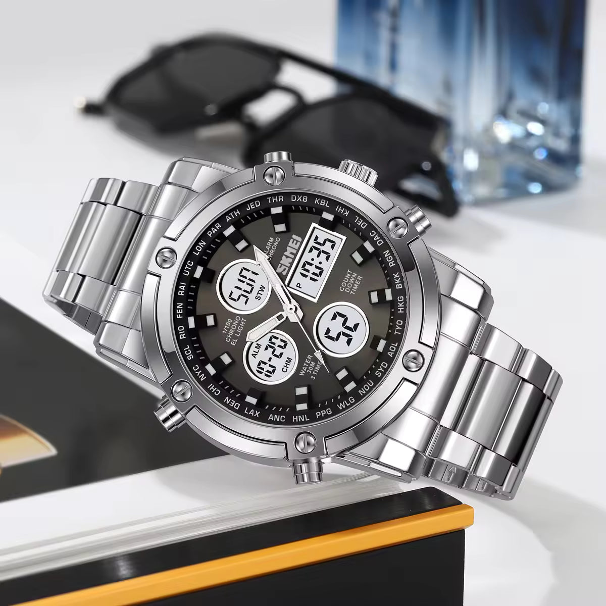 SKMEI 2556 Dual Time Analog Digital Stainless Steel Watch - Silver/black