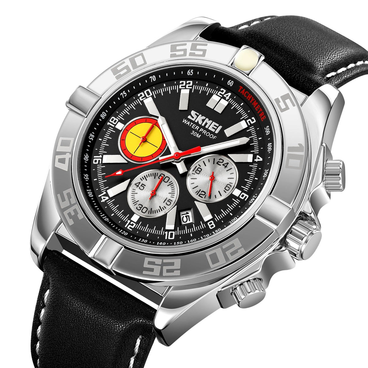 SKMEI 9322 Bold Chronograph Leather Watch - Silver/Black