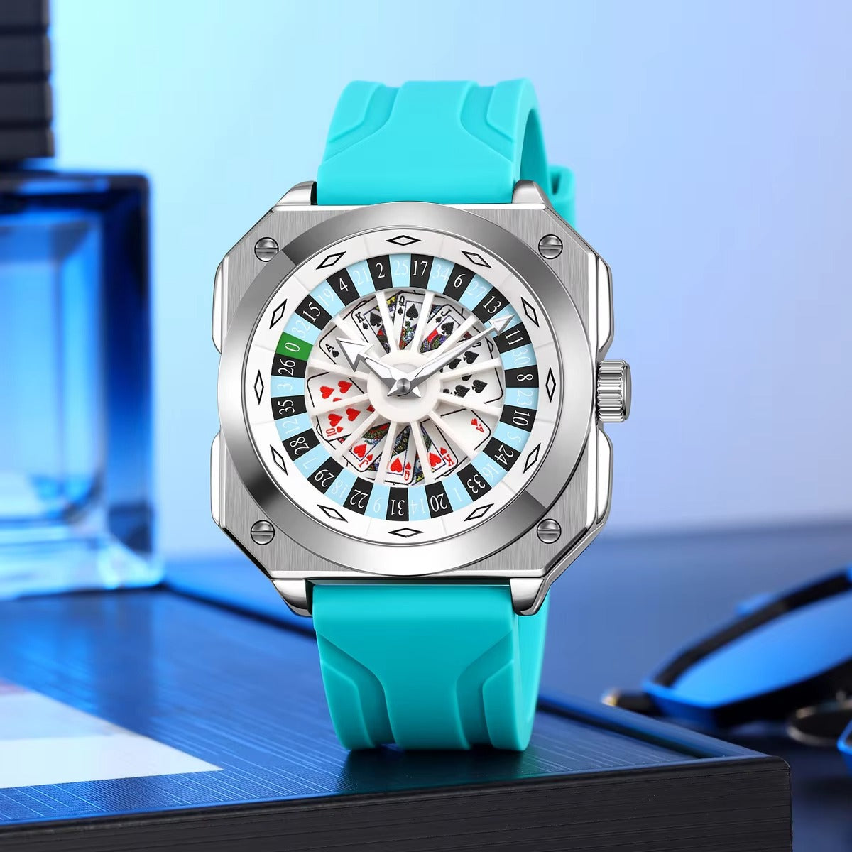 SKMEI 9379 Rotating Poker Dial Silicone Wrist Watch - silver/blue