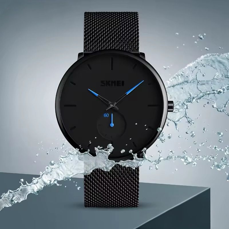 SKMEI 9185 Ultra Minimal Black Mesh Wristwatch - blue