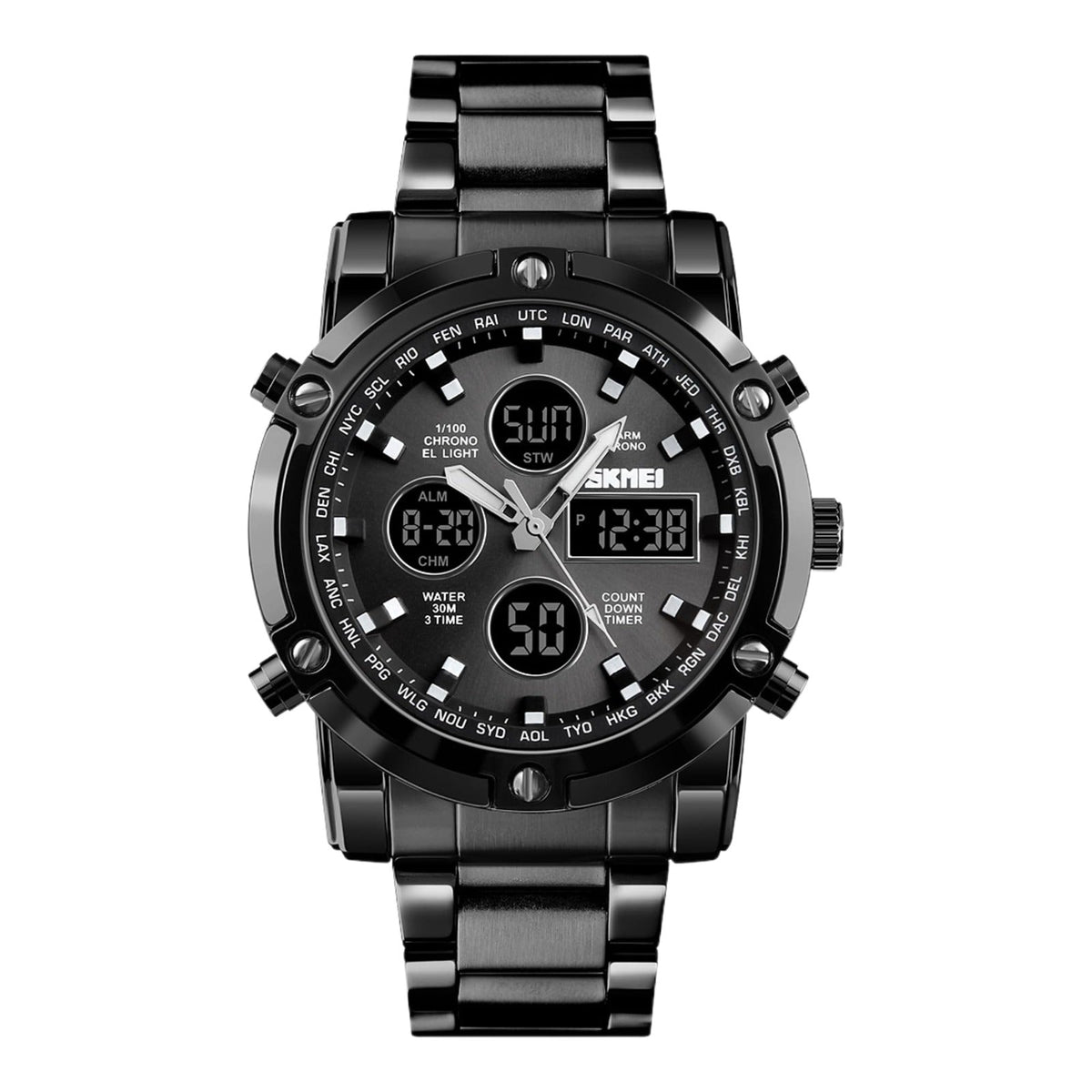 SKMEI 1389 Dual Time Analog Digital Stainless Steel Watch - Black/Black