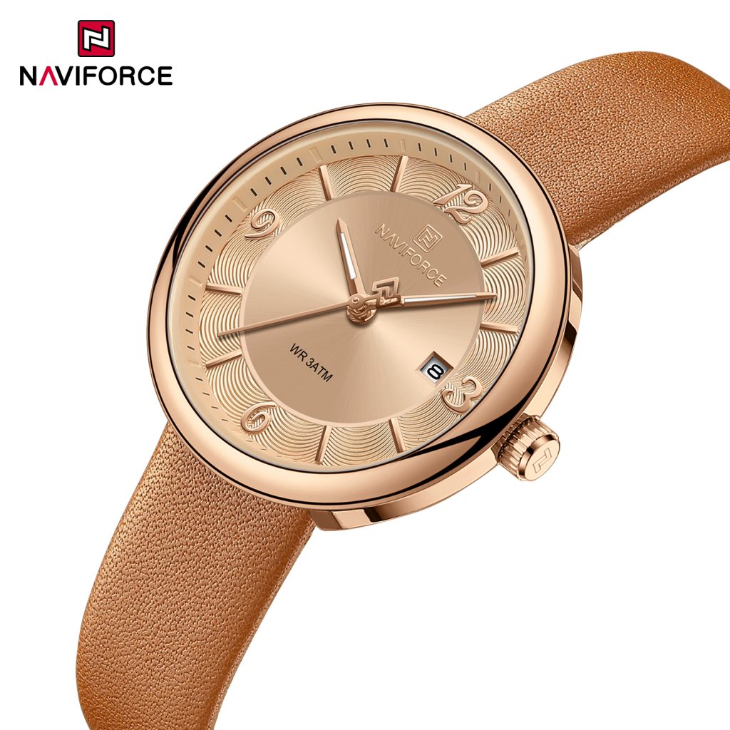 ساعة نافيفورس (NAVIFORCE) النسائية الأنيقة بحزام جلدي، موديل NF 5076