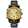 SKMEI 1389 Dual Time Analog Digital Stainless Steel Watch - Black/Gold-Gold