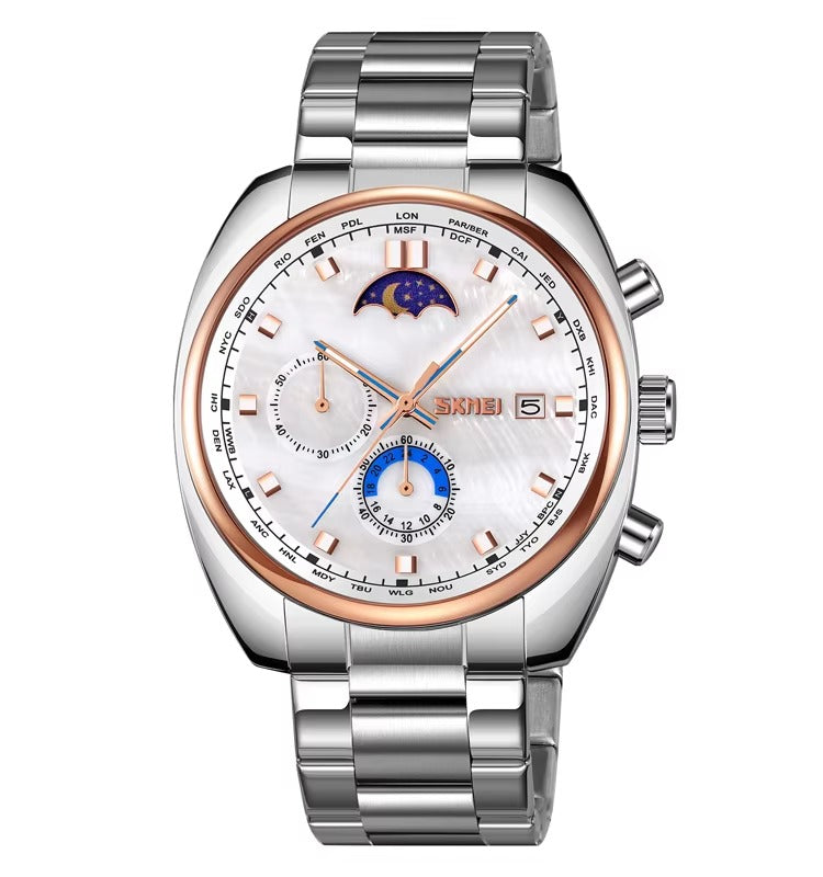 SKMEI 9325 Quartz Luxury Moon Phase Chrono Watch - RoseGold/White